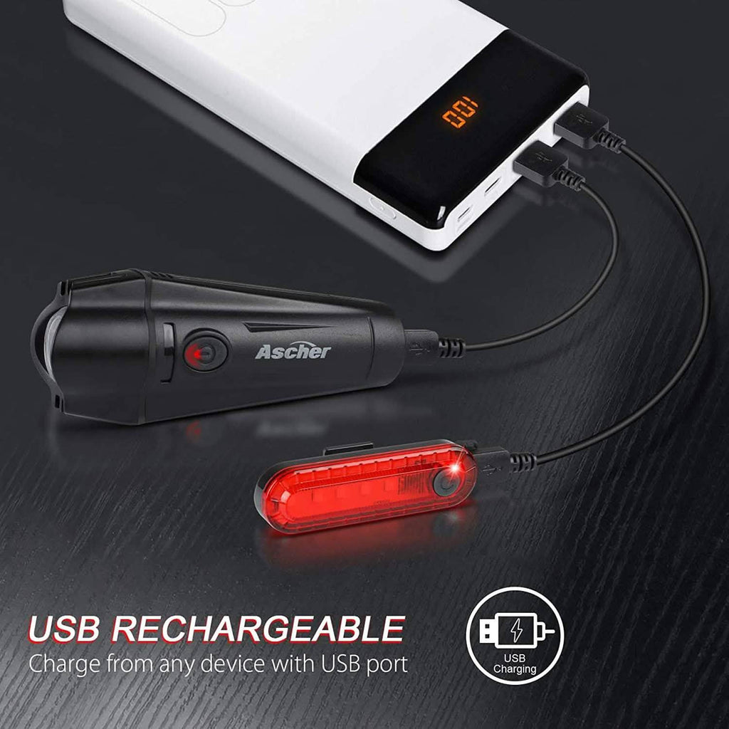 Ascher Ultra Bright USB Rechargeable Bike Light Set